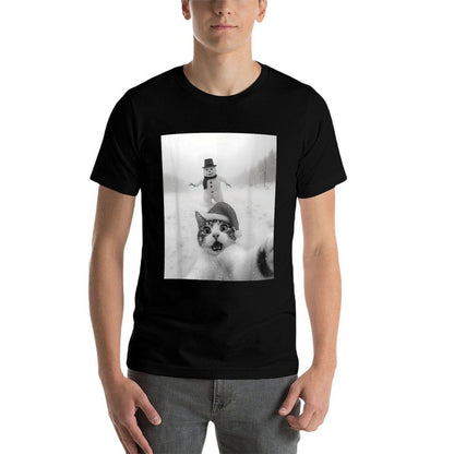 Funny Cat Selfie Snowman Merry Christmas Xmas Pajama Holiday  Ribbed Collar T-Shirt