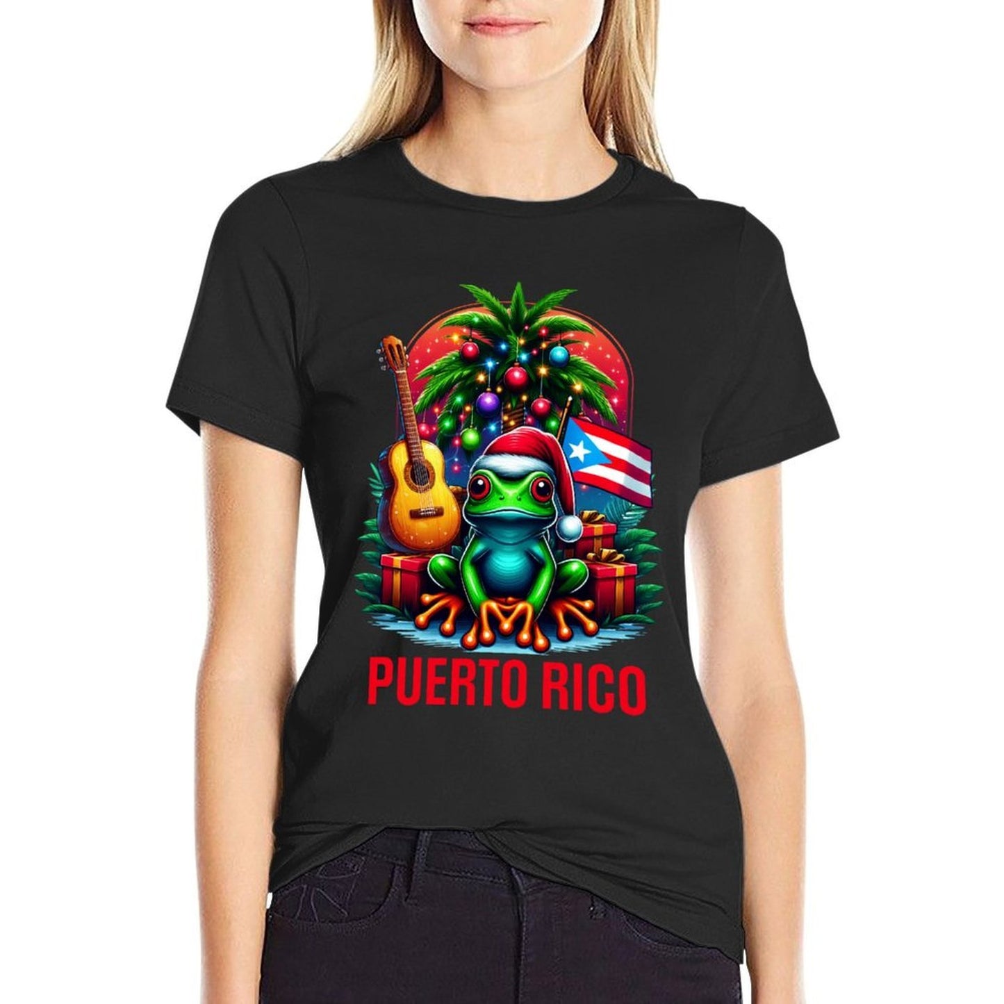 Patriotic Puerto Rico Tropical Christmas Frog Santa Hat  Relaxed-fit T-Shirt