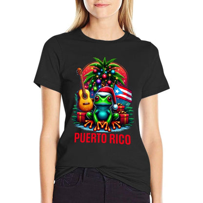 Patriotic Puerto Rico Tropical Christmas Frog Santa Hat  Relaxed-fit T-Shirt
