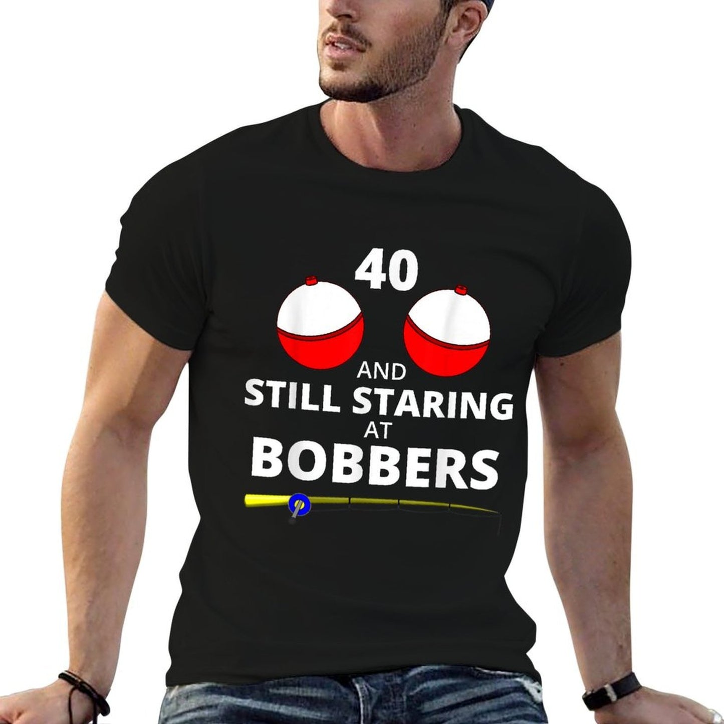 Mens 40th Birthday Funny Fishing  Still Staring At Bobbers  Oversized Silhouette T-Shirt