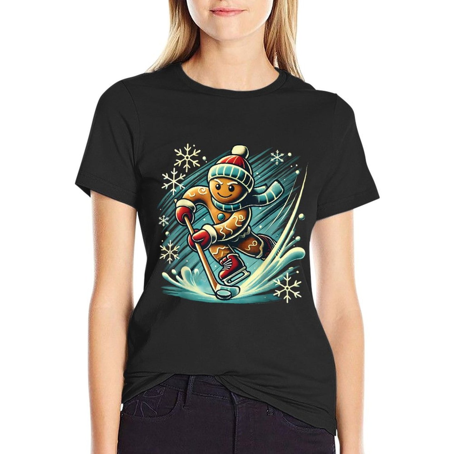 Gingerbread Playing Ice Hockey Lovers Boys Girls Christmas  Fade-proof Color T-Shirt