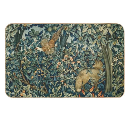 GREENERY, FOREST ANIMALS Pheasant And Fox Blue Green Floral Tapestry  Dirt-Trapping Bath Mat