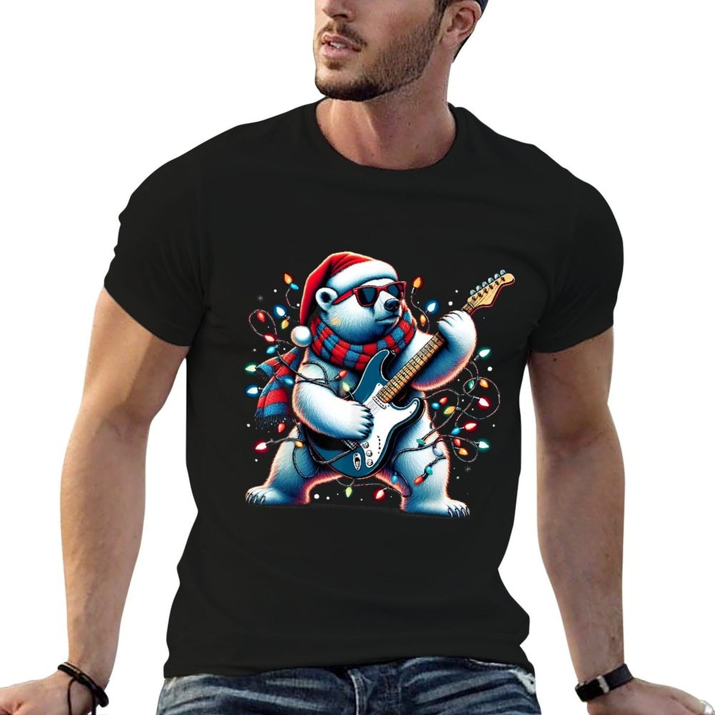 Funny Santa Polar Bear Christmas Guitar Player Light Xmas  Rolled Sleeves T-Shirt