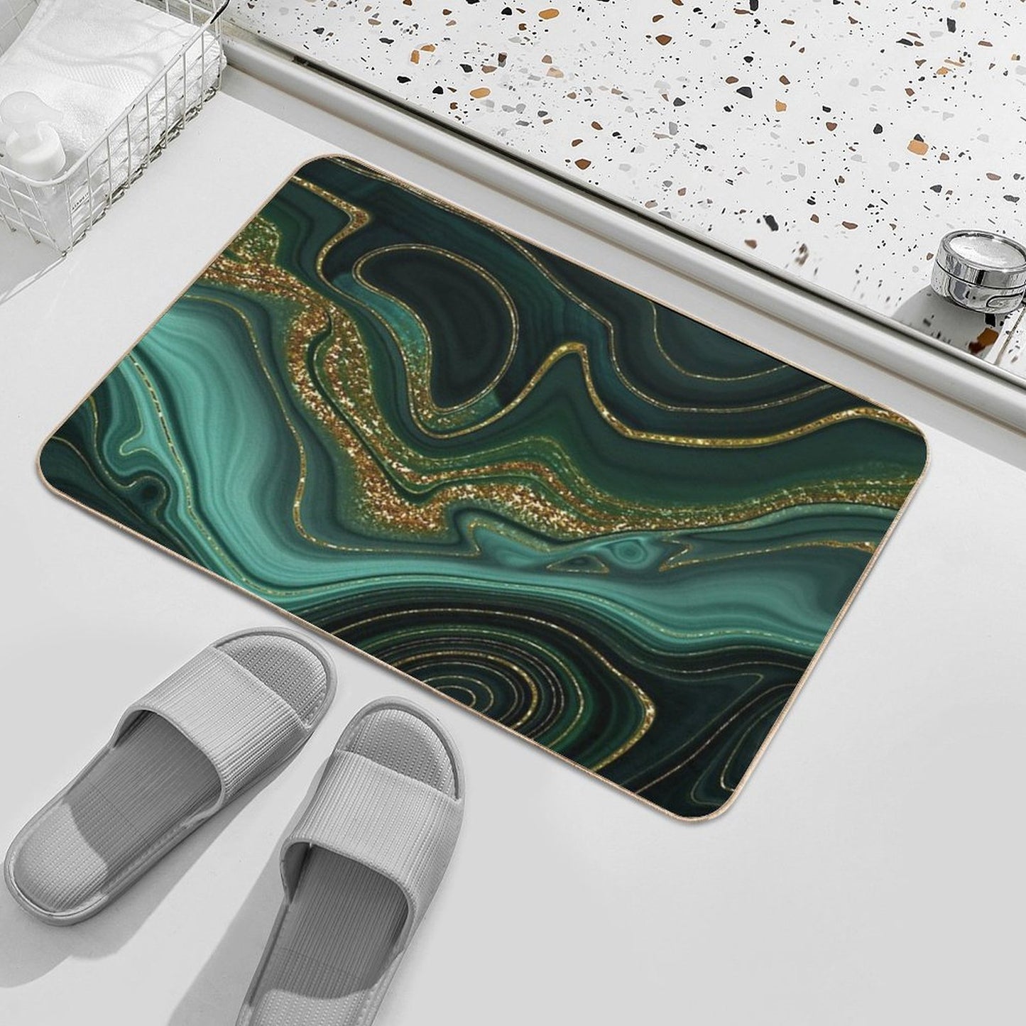 Gold Indigo Malachite Faux Marble II  Easy Maintenance Bath Mat