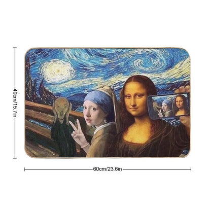 Scream And Selfie of Four Classical Paintings Mash Up - Mona Lisa, Girl with A Pearl Earring, The Scream, The Starry Night  Dirt-Trapping Bath Mat