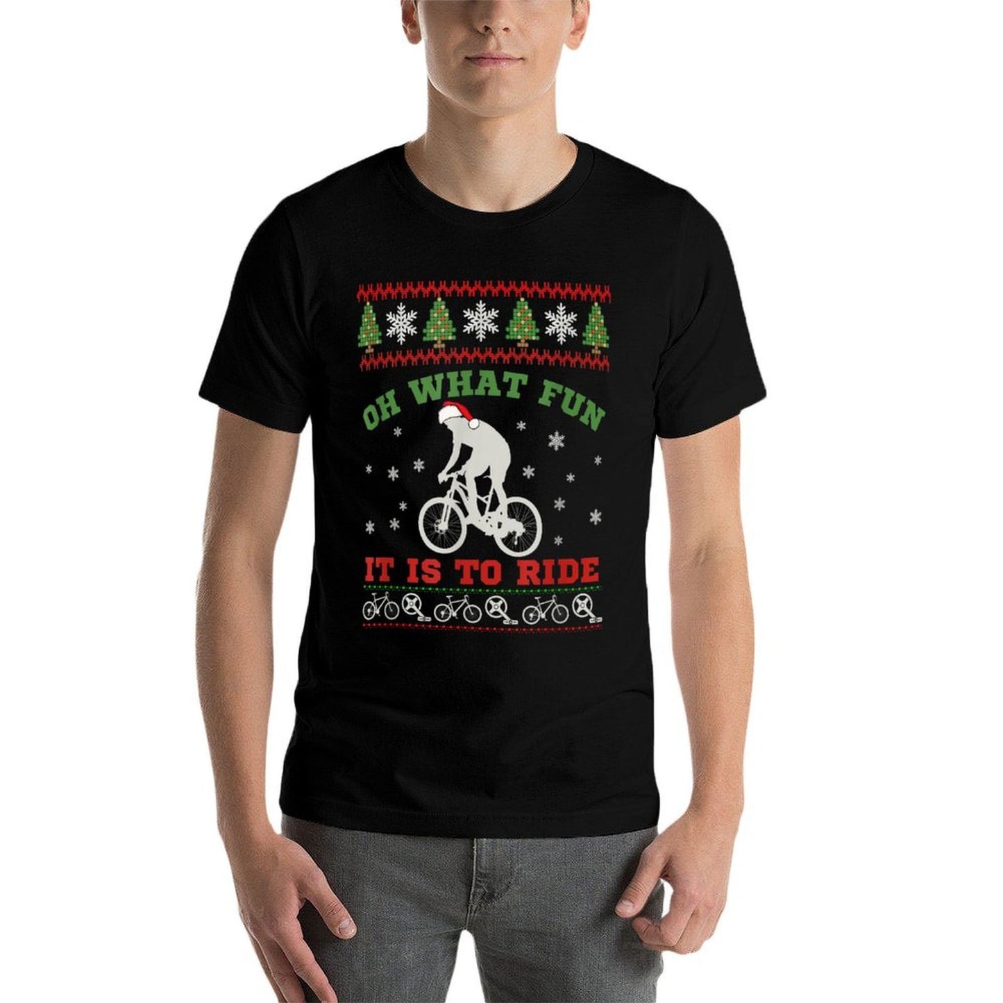 Mountain Bike Rider, Oh What Fun Christmas Ugly Sweater Gift  Ribbed Collar T-Shirt