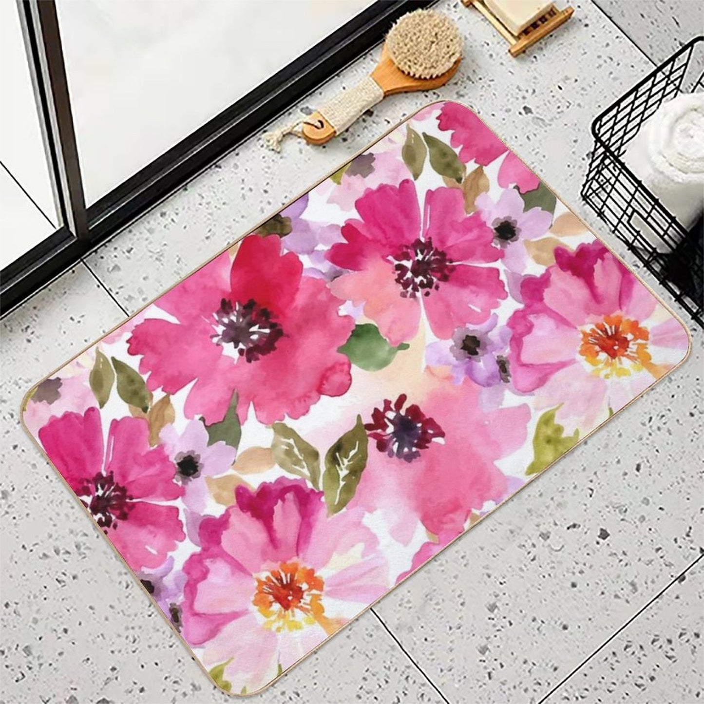 Watercolor Flowers Pink Fuchsia  Fade-Resistant Bath Mat