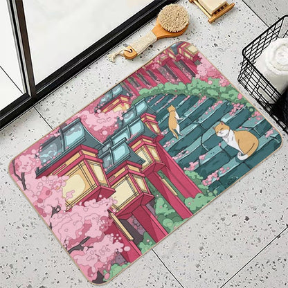 The Japanese Shrine, Cats And Pink Sakura Blossom  Absorbent Bath Mat