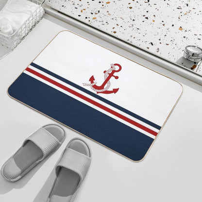 Nautical Navy Blue And White Stripes with A Red Anchor  Fade-Resistant Bath Mat