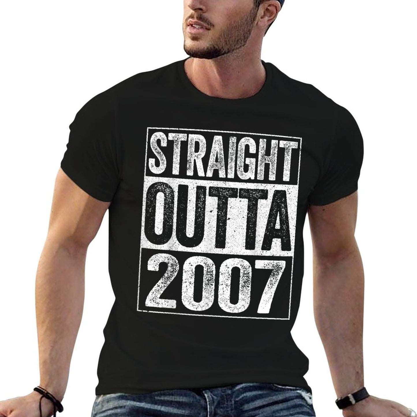 Straight Outta 2007 17th Birthday  Ribbed Collar T-Shirt