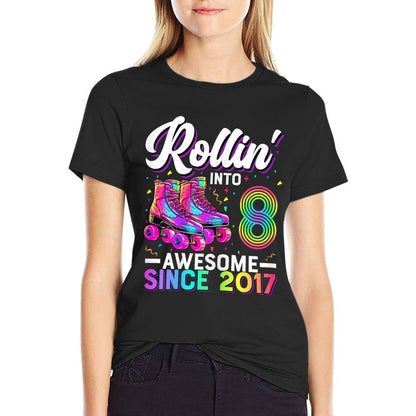 8th Birthday Girl 8 Year Old Roller Skate Skating  Wrinkle-resistant T-Shirt