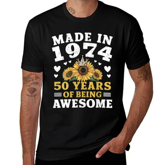 Womens 50 Year Old Made In 1974 Sunflower 50th Birthday  Ribbed Collar T-Shirt