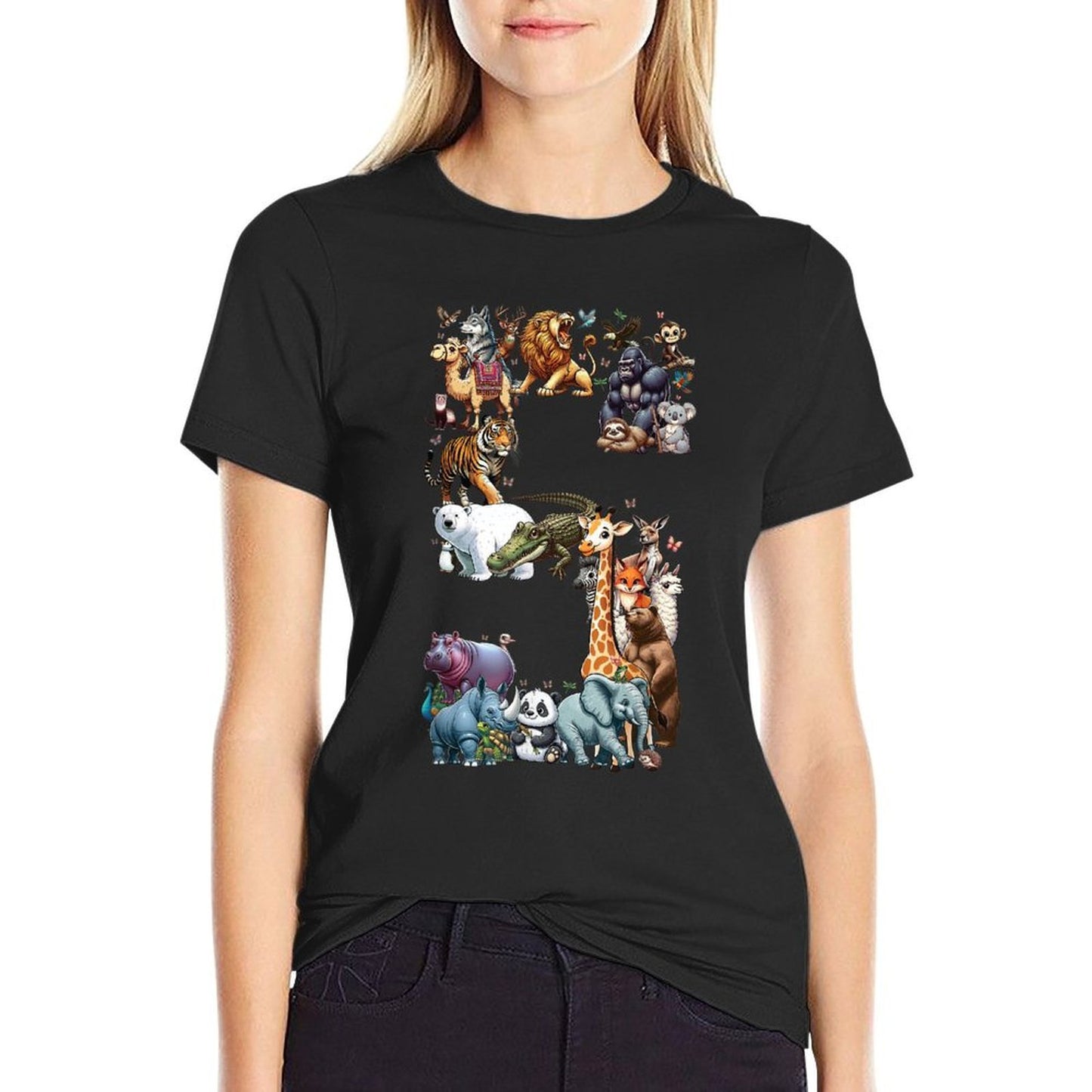 5th Birthday 5 Years Old Zoo Animals Wildlife Safari Jungle  Fade-proof Color T-Shirt