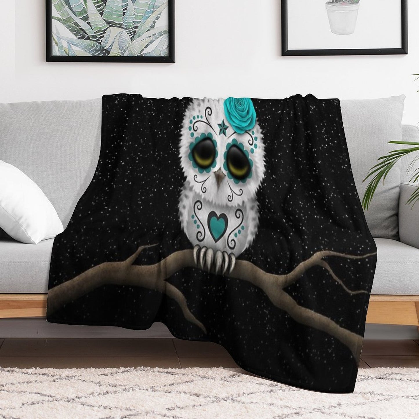 Cute Teal Blue Day of The Dead Sugar Skull Owl Compact Throw Blanket