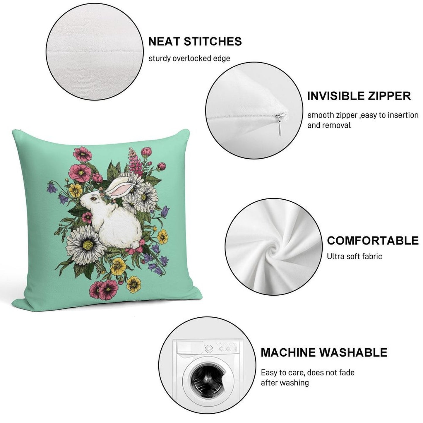 Rabbit in Flowers Soft Ultra-Soft Texture Throw Pillow