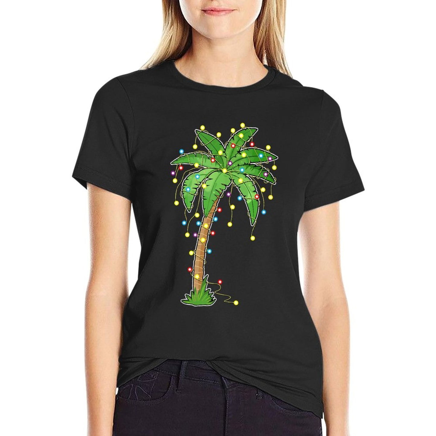 Christmas Lights Palm Tree Beach Funny Tropical Xmas Gift Comfortable T-Shirt