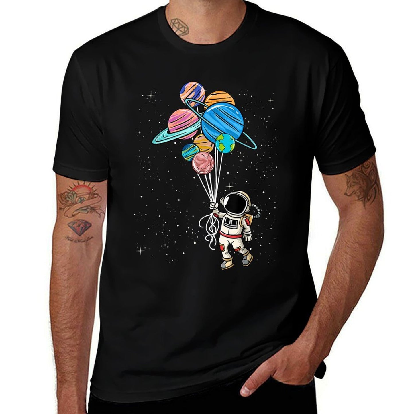Astronaut Holding Planet Balloons Tshirt BoysGirls STEM Kids  Moisture-wicking T-Shirt