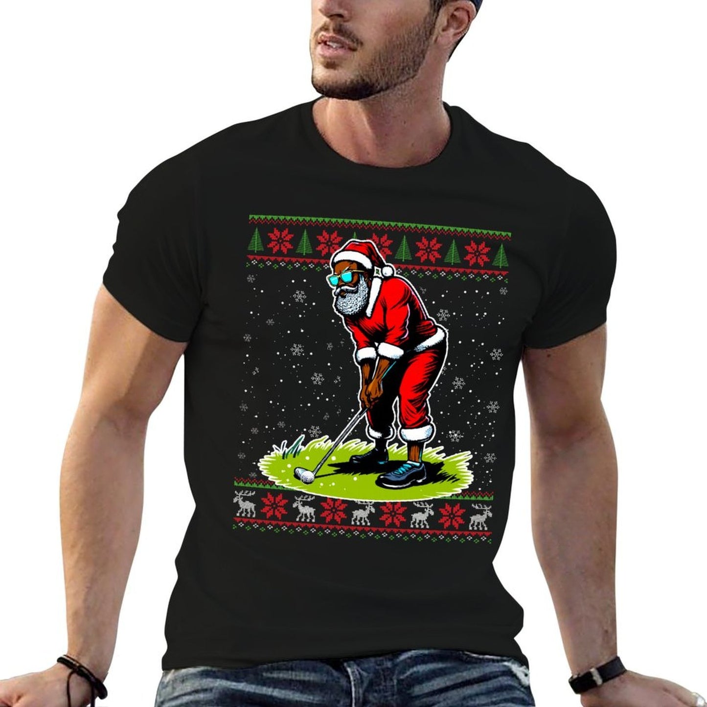 Christmas African American Santa Golf Ugly Christmas Sweater Comfortable T-Shirt