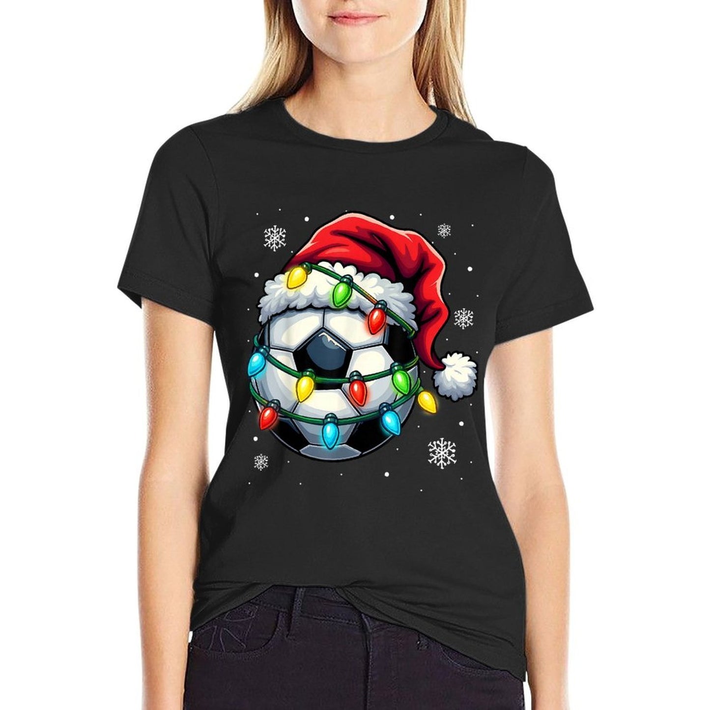 Christmas Soccer Ball Santa Hat Xmas Lights Funny Men Boys  Eco-friendly Material T-Shirt