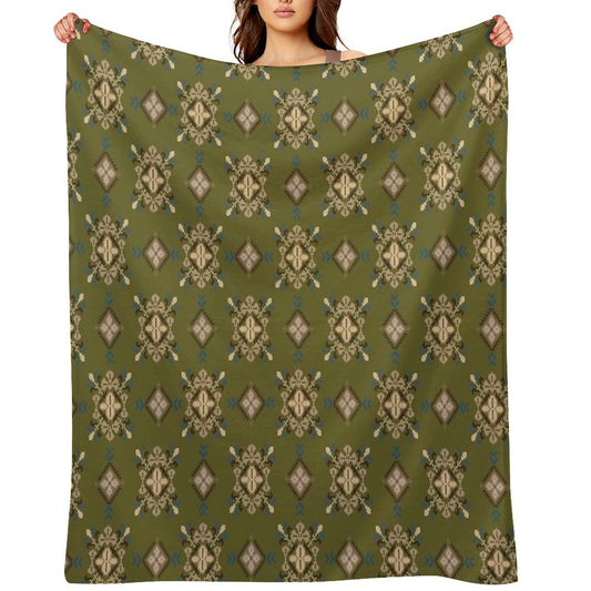 Traditional Ethnic Textile Pattern in Green And Brown Easy Care Throw Blanket