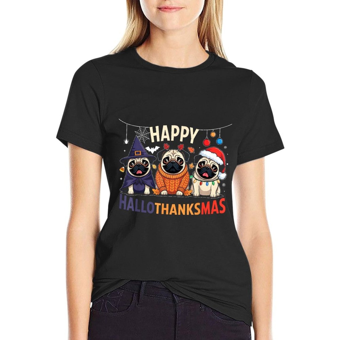 Pug Halloween Thanksgiving Christmas Happy HalloThanksMas  Breathable T-Shirt