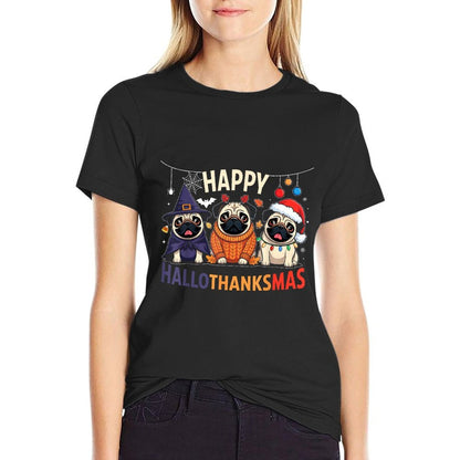 Pug Halloween Thanksgiving Christmas Happy HalloThanksMas  Breathable T-Shirt