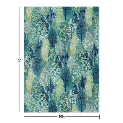 Hidden Unicorn Woods in Shades of Green Watercolor Eco-conscious Throw Blanket