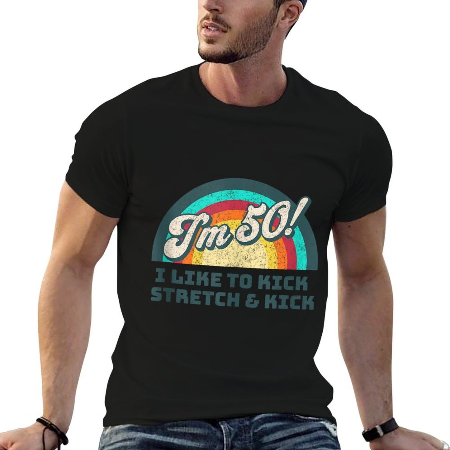 I Like to Kick Stretch And Kick, I'm 50, Retro 50th Birthday  Polyester Blend T-Shirt