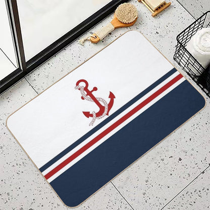 Nautical Navy Blue And White Stripes with A Red Anchor  Fade-Resistant Bath Mat