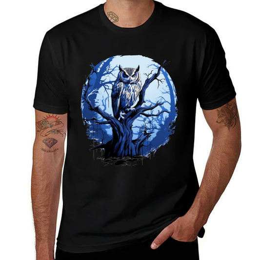Twilight Blue Impressionist Owl on Skeletal Tree  High-quality Stitching T-Shirt