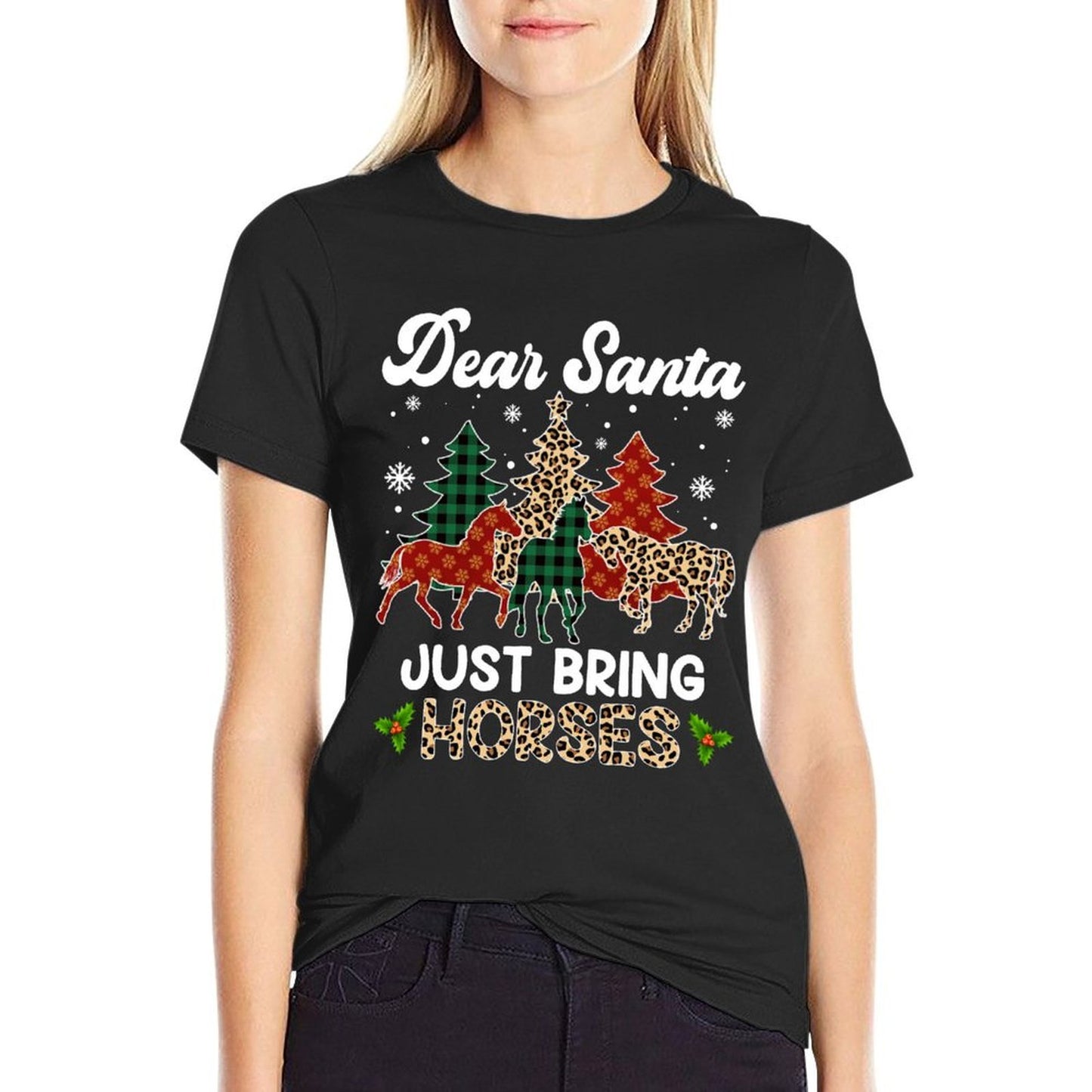 Dear Santa Just Bring Horses ELF Santa Leopard Christmas  Cotton T-Shirt