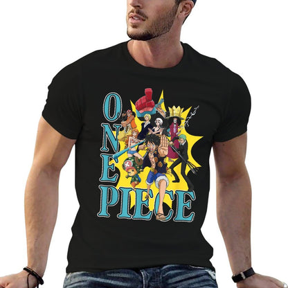 One Piece Anime Group Photo Burst Character Collage  Ribbed Collar T-Shirt