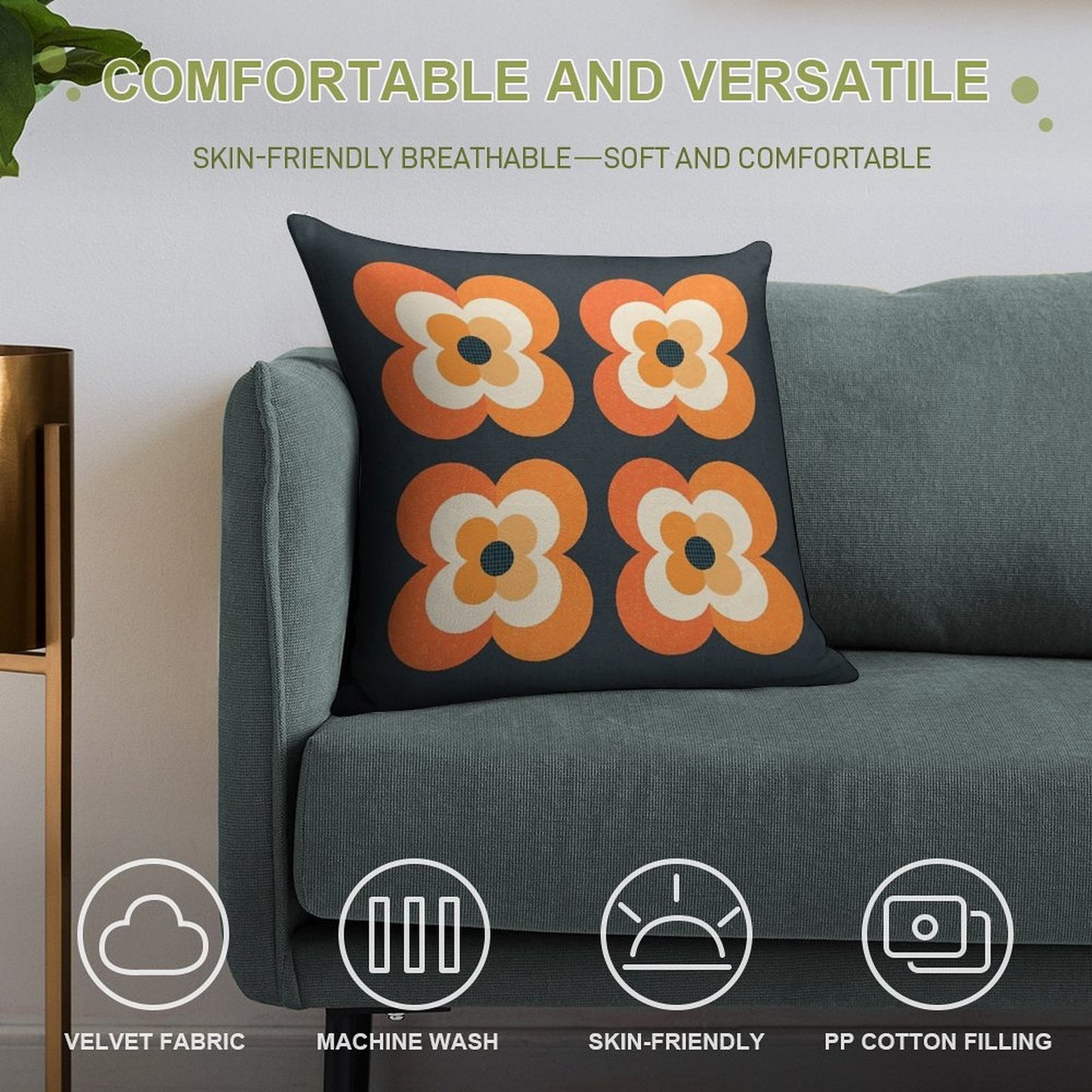 Retro Flowers - Orange And Charcoal Soft Bedroom Essential Throw Pillow