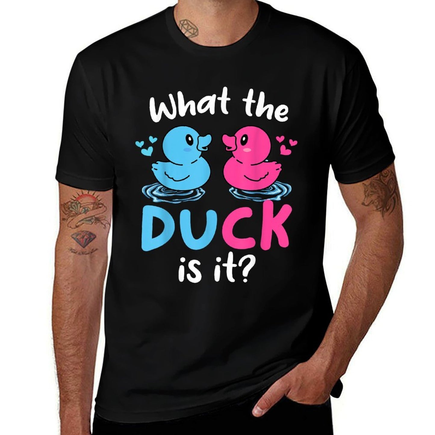 What The Ducks Is It Baby Gender Reveal Party Baby Shower  Ribbed Collar T-Shirt