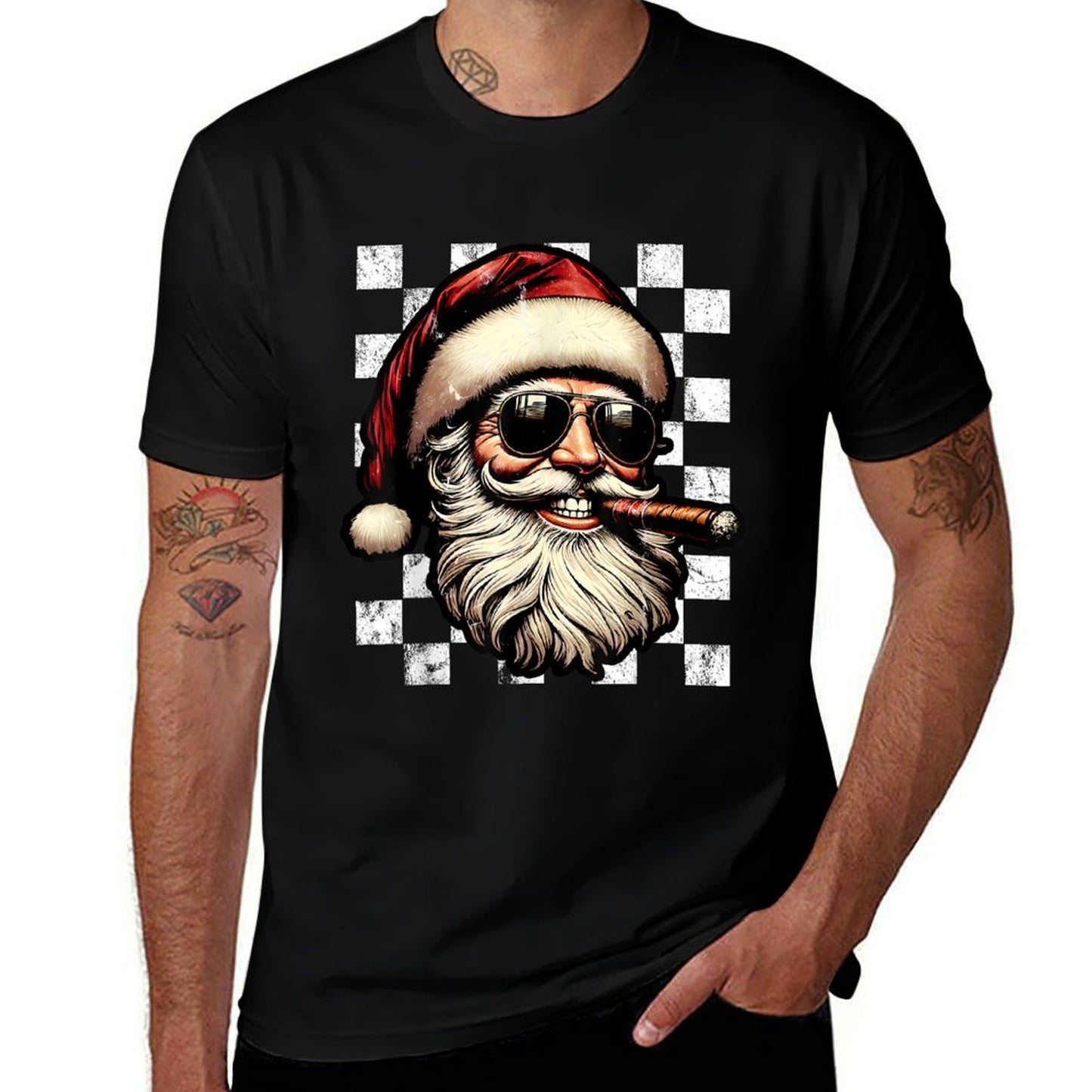 Santa Claus Is Smoking Cigar With Sunglass Smoker Christmas  Rolled Sleeves T-Shirt