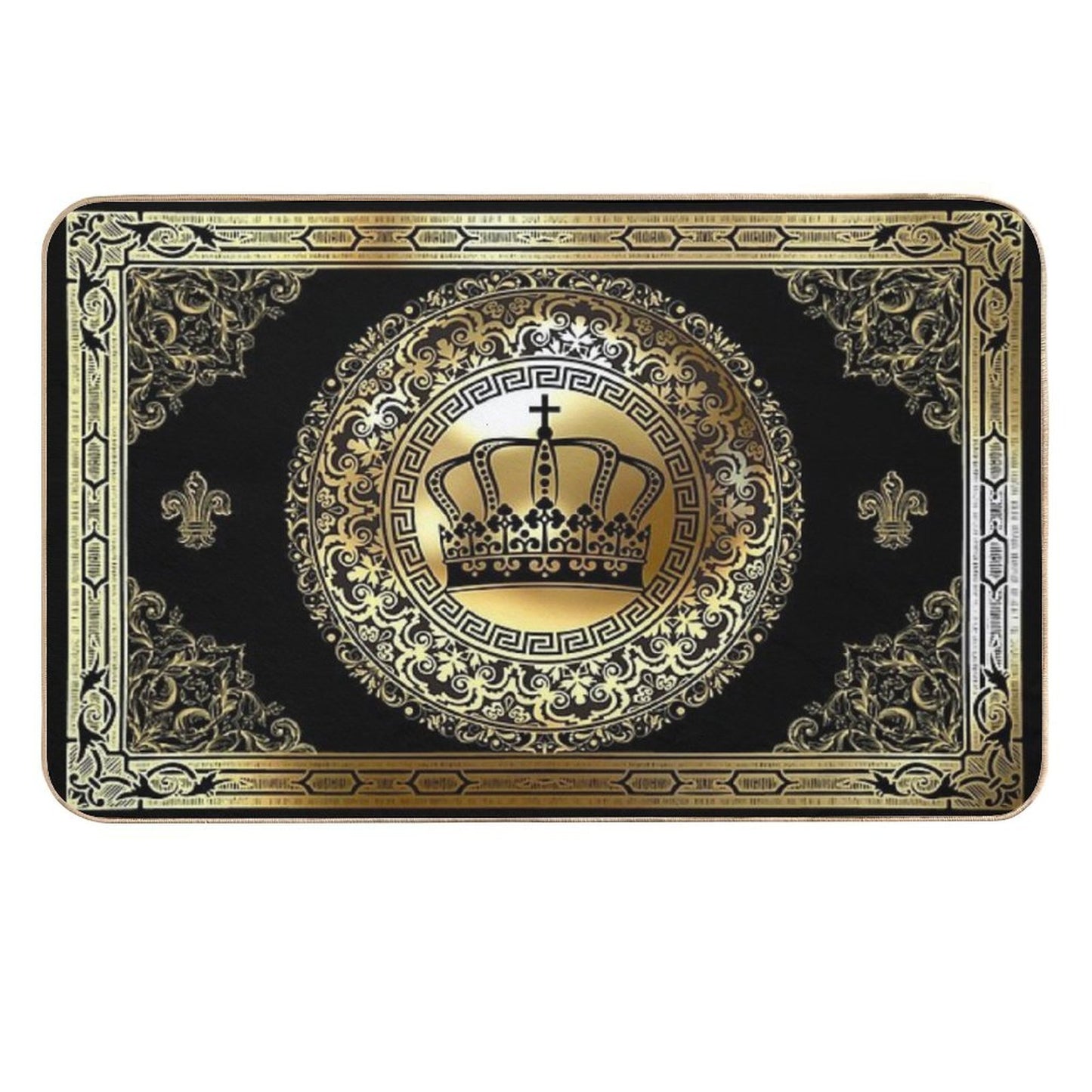 Ornate Baroque Crown Black Gold Greek Key  Multi-Purpose Bath Mat
