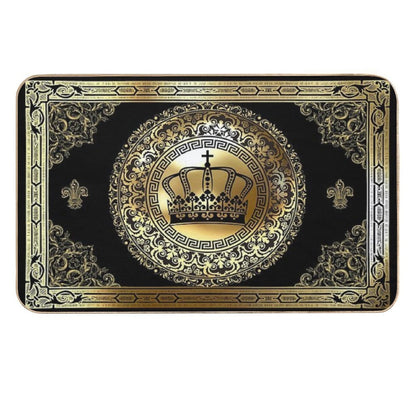 Ornate Baroque Crown Black Gold Greek Key  Multi-Purpose Bath Mat