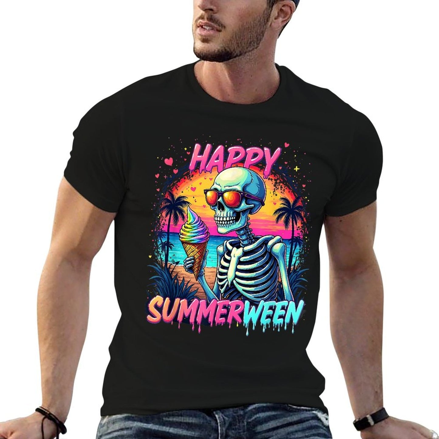 Summer Watermelon Jack-o-lantern Happy Summerween Skeleton  Fade-proof Color T-Shirt