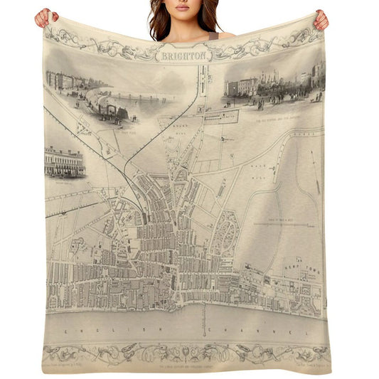 Old Brighton UK Map (1851) Vintage Southern England City Atlas Multi-functional Throw Blanket