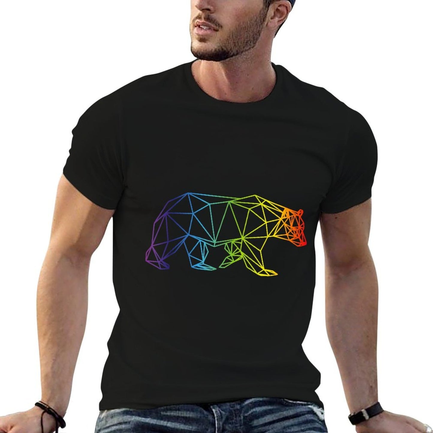 Geometric Bear LGBT Rainbow Gay Pride  Ribbed Collar T-Shirt
