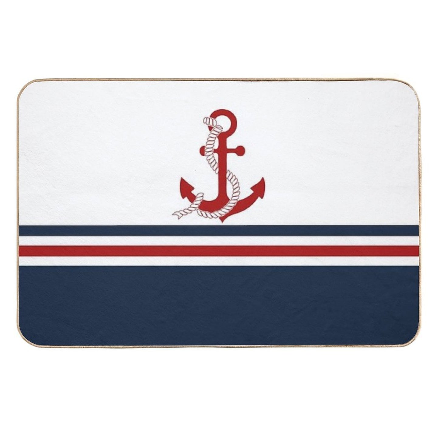 Nautical Navy Blue And White Stripes with A Red Anchor  Fade-Resistant Bath Mat