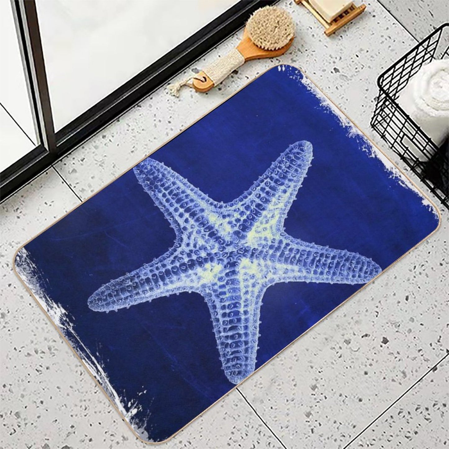 Coastal Seaside Ocean Navy Blue Beach Chic Starfish  Easy Maintenance Bath Mat