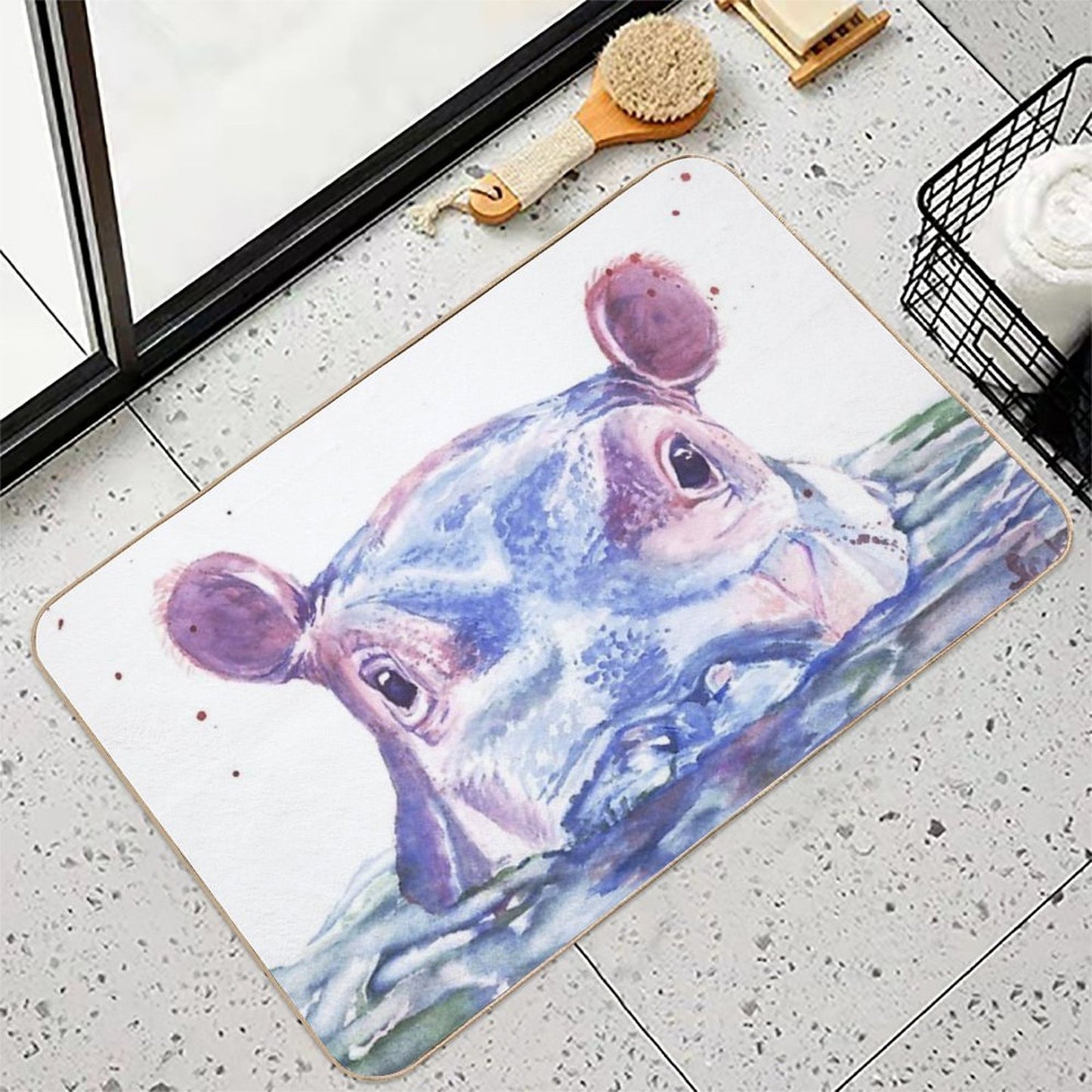 Happy Hippo Watercolor Painting  Eco-Friendly Bath Mat
