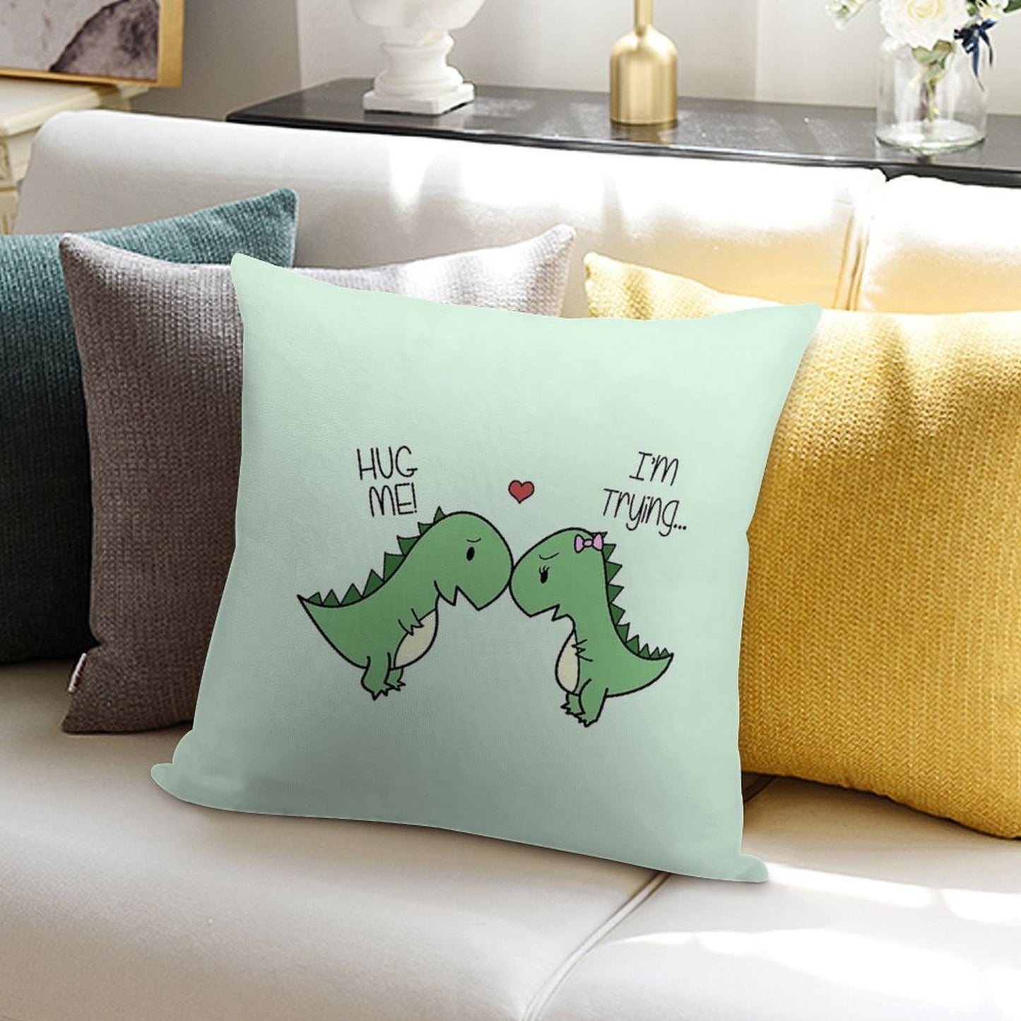 Dino Love! (Hug Me!) Soft Durable Construction Throw Pillow