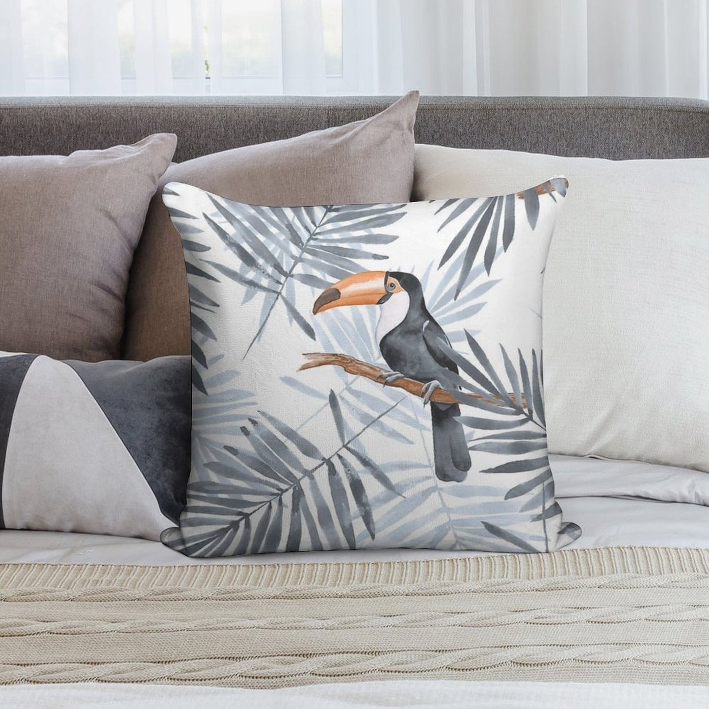 Palm Leaves And Toucan Soft Shrink-Resistant Throw Pillow
