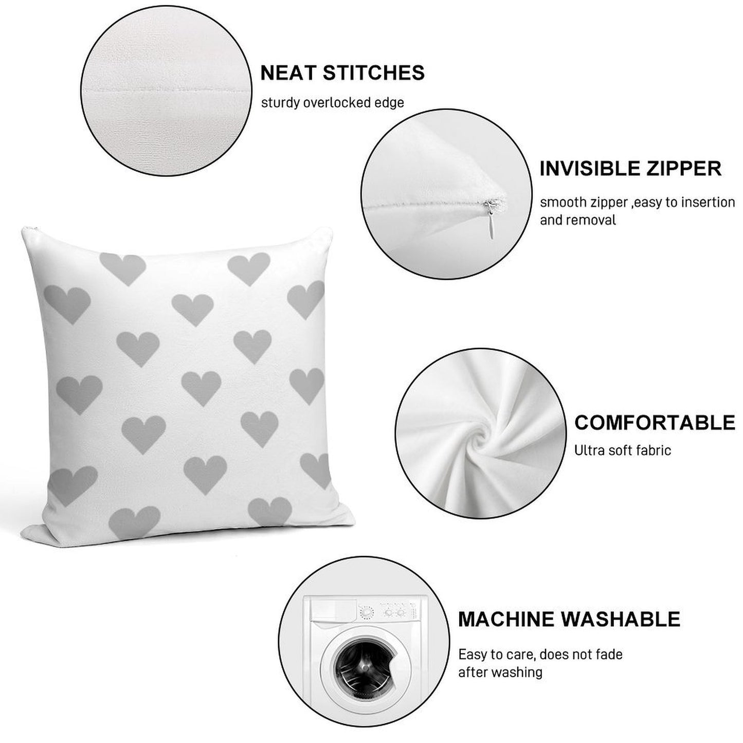 Medium SILVER GREY And WHITE LOVE HEARTS Soft Gift Ready Throw Pillow