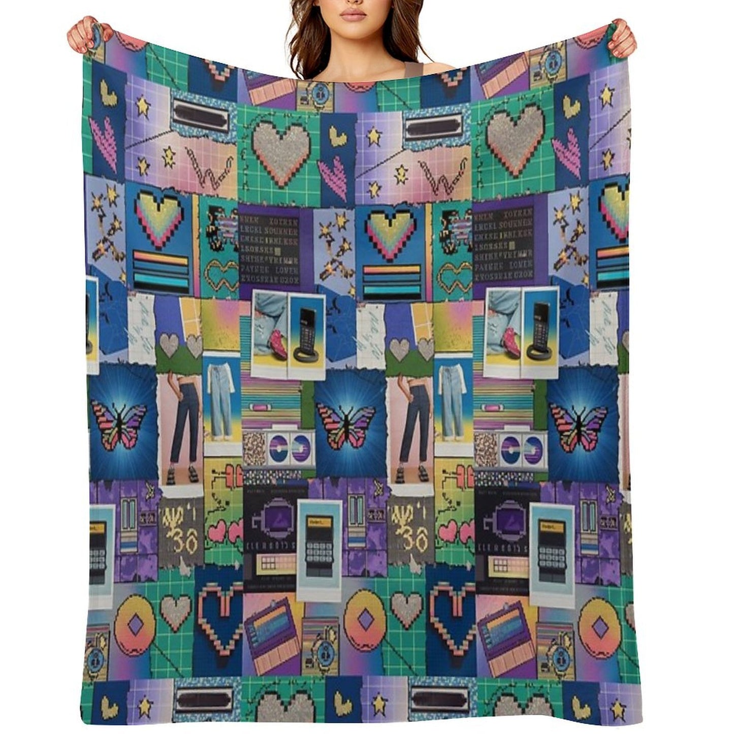 Y2K Aesthetic - Vintage Y2K Mosaic Collage with Scrapbook-Style Tiles Velvety-soft Throw Blanket