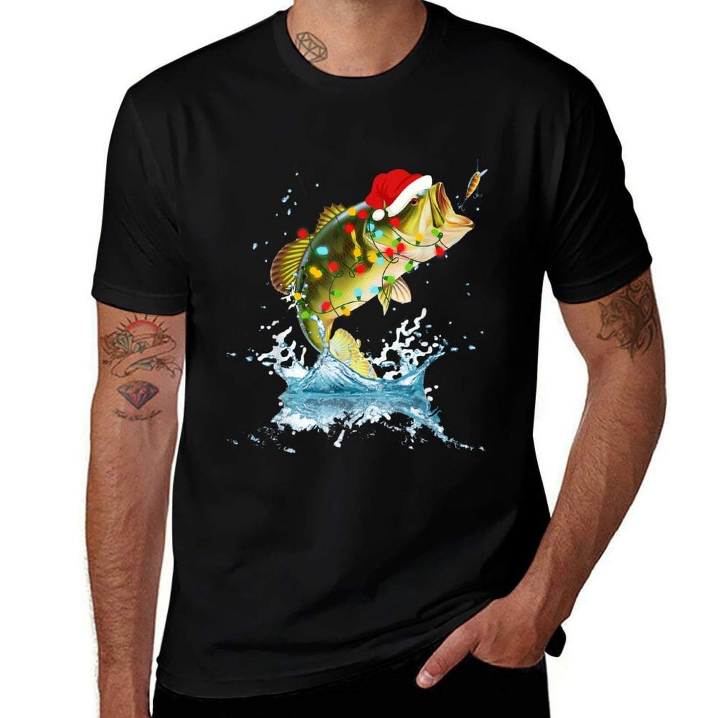 Funny Bass Fishing Santa Hat Christmas Pajama Fishermen Fish  Lightweight T-Shirt