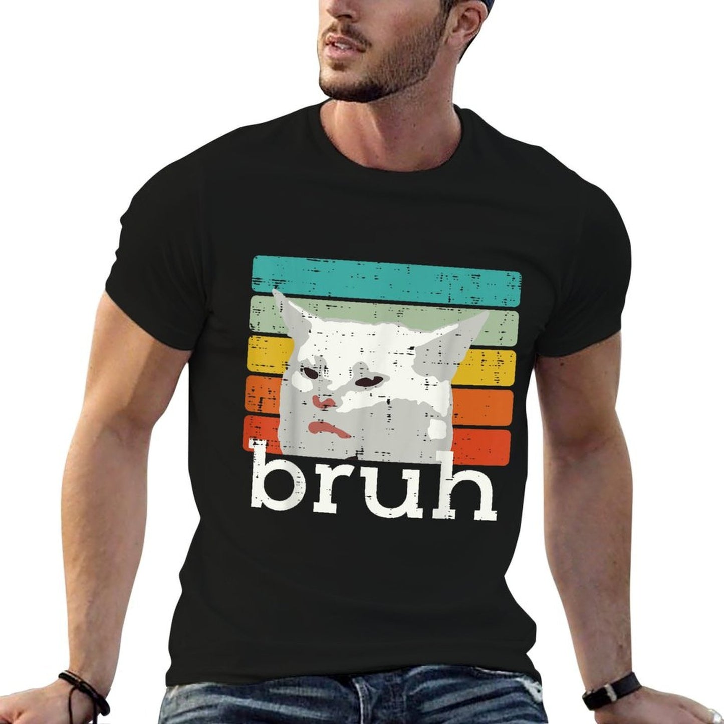 Weird Cat Meme Bruh Retro Funny Saying Boysn Men Kids  Tagless Design T-Shirt