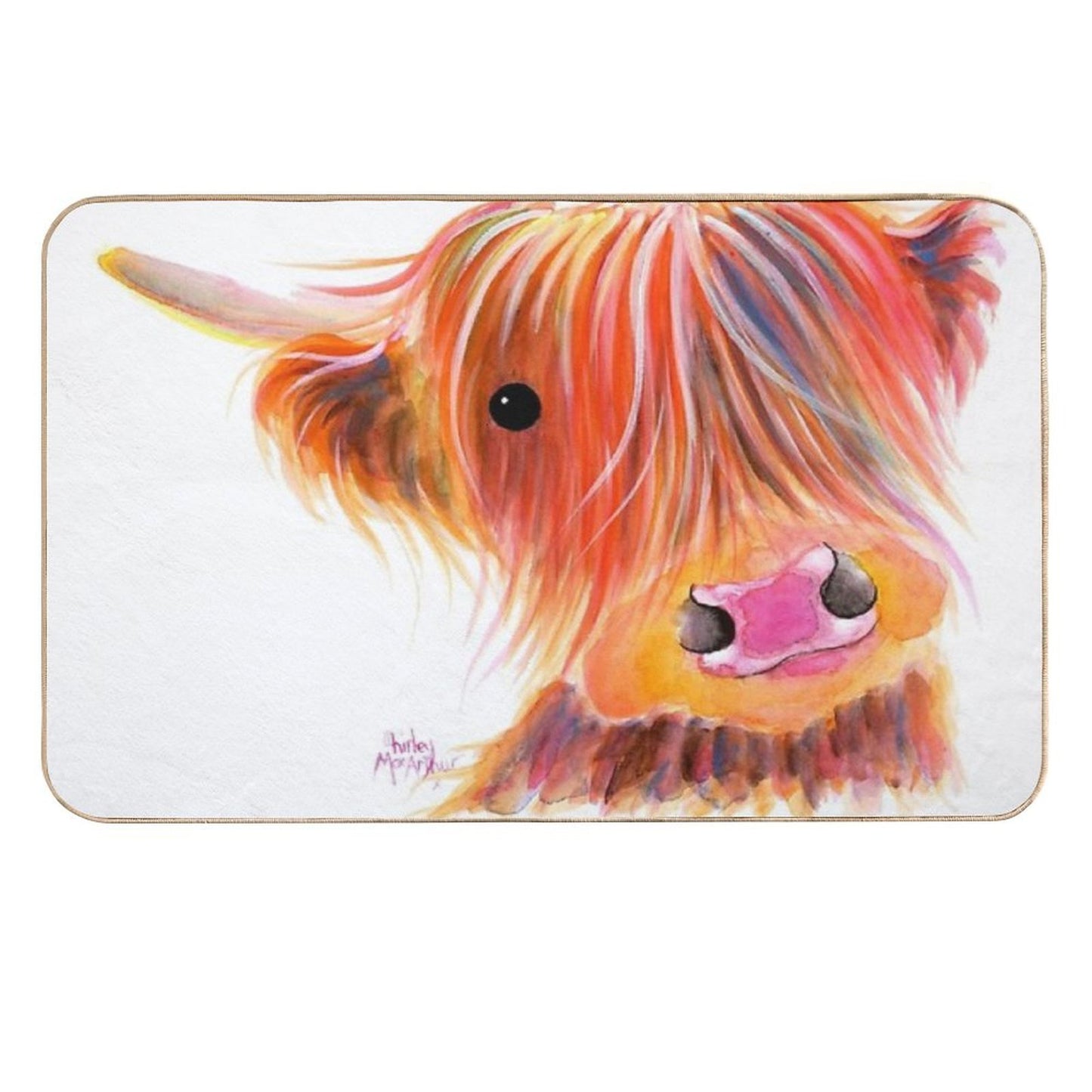 Scottish Highland Cow PRiNT ' SWEET SATSUMA ' by Shirley MacArthur  Eco-Friendly Bath Mat